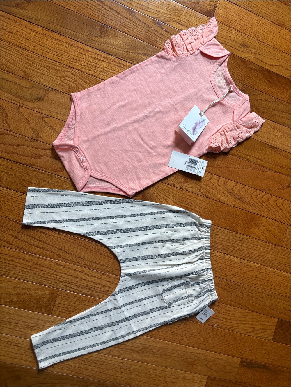 Jessica Simpson Apricot Eyelet Sleeve Baby Bodysuit with Striped Cream/Blk Pants